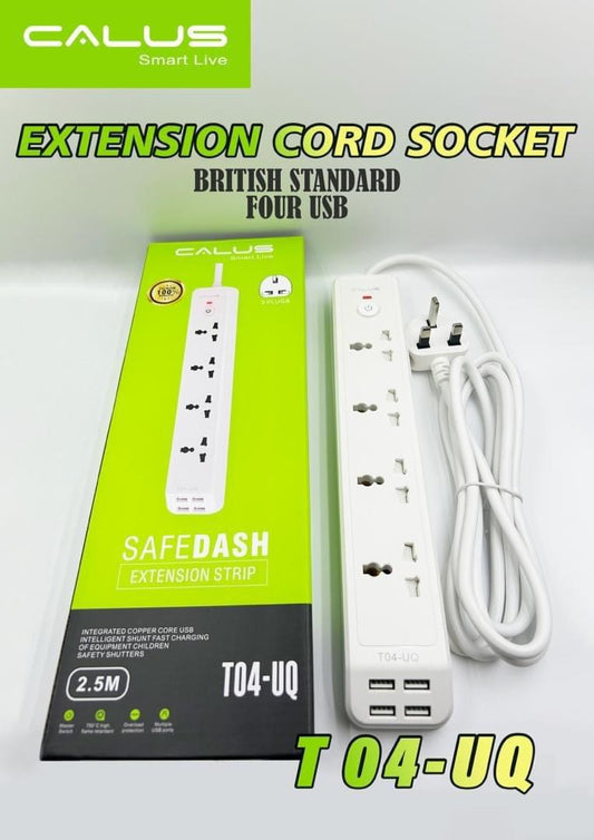 4 WAY EXTENSION 2.5M LONG CABLE CORD SOCKET BRITISH STANDARD WITH 4 USB PORTS AND MASTER SWITCH MODEL:T04-UQ